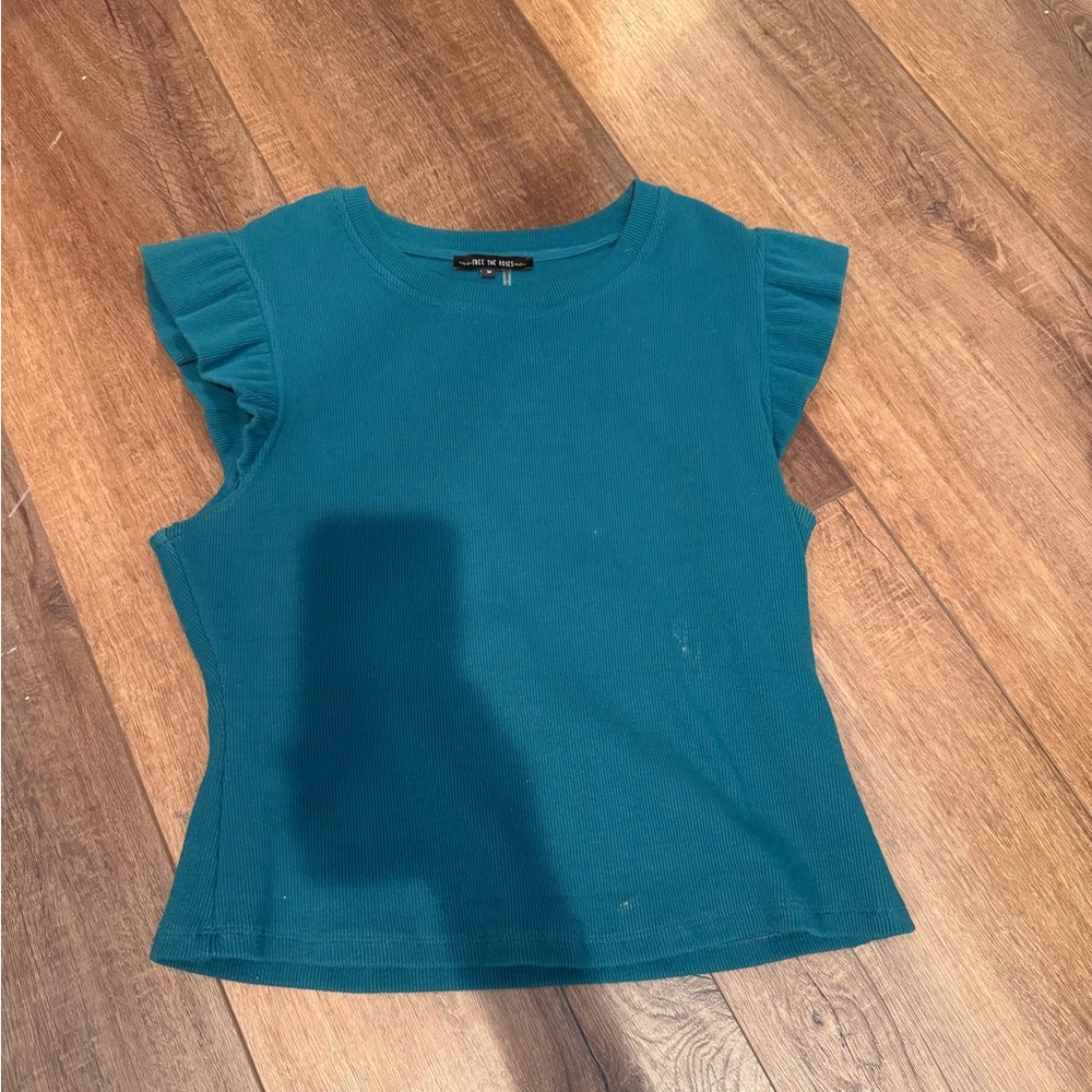 Free the Roses Teal Ribbed Crewneck Top - Picture 3 of 3